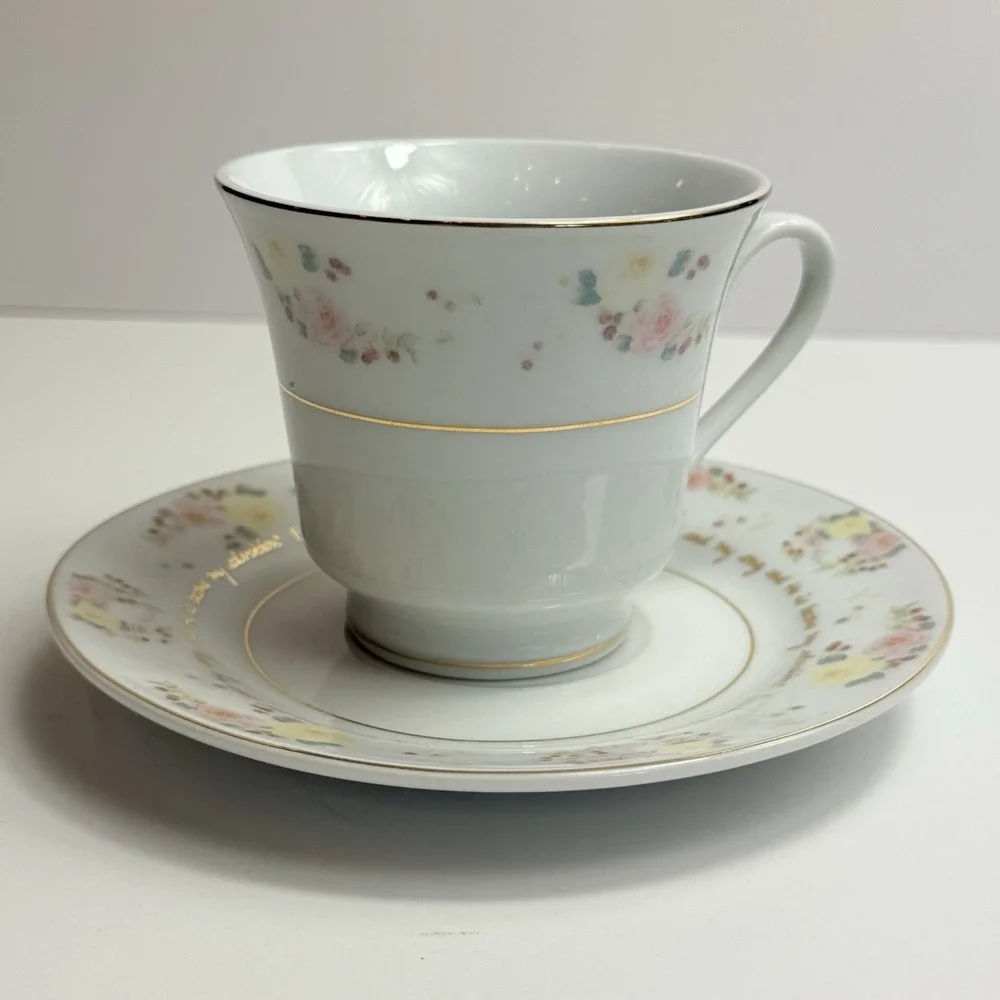 Vintage DaySpring Scripture Teacup Saucer Set Exodus KJV Christian Floral Gold